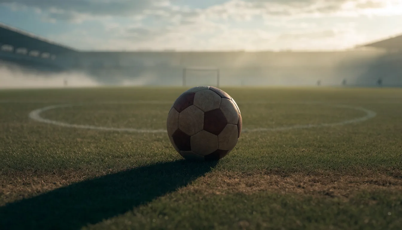 Ein Fußball auf dem Mittelkreis eines leeren Rasenplatzes im frühen Morgenlicht.