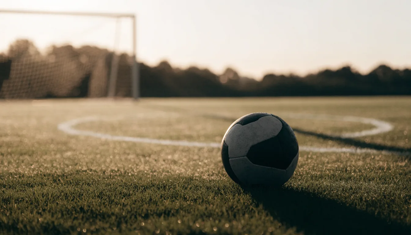 Ein Fußball liegt am Rand des Mittelkreises auf einem leeren Rasenplatz bei Sonnenaufgang.