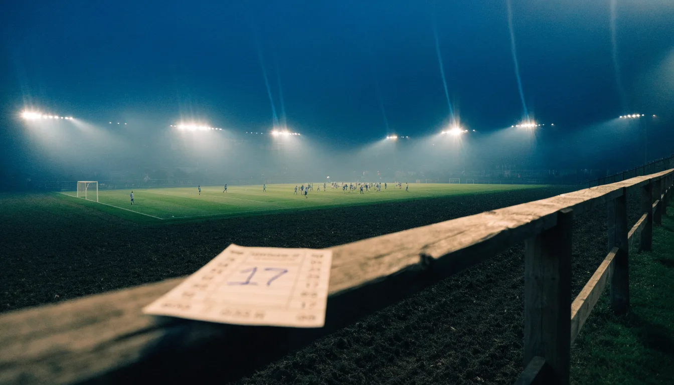 Ein Stadion unter Flutlicht aus großer Entfernung, davor ein dunkler Acker im Abendlicht.