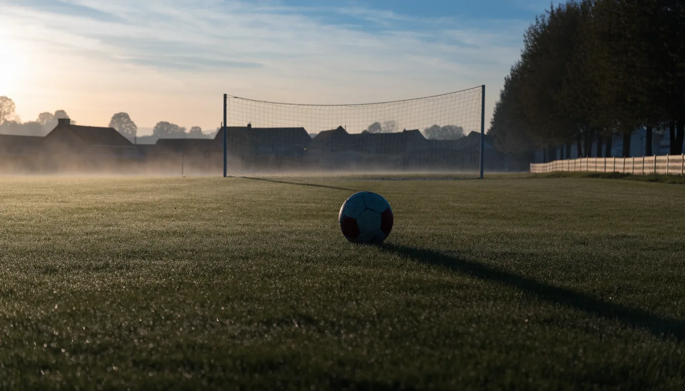 Ein Fußball auf dem Rasen eines leeren Sportplatzes am Rand einer Kleinstadt im Morgenlicht.