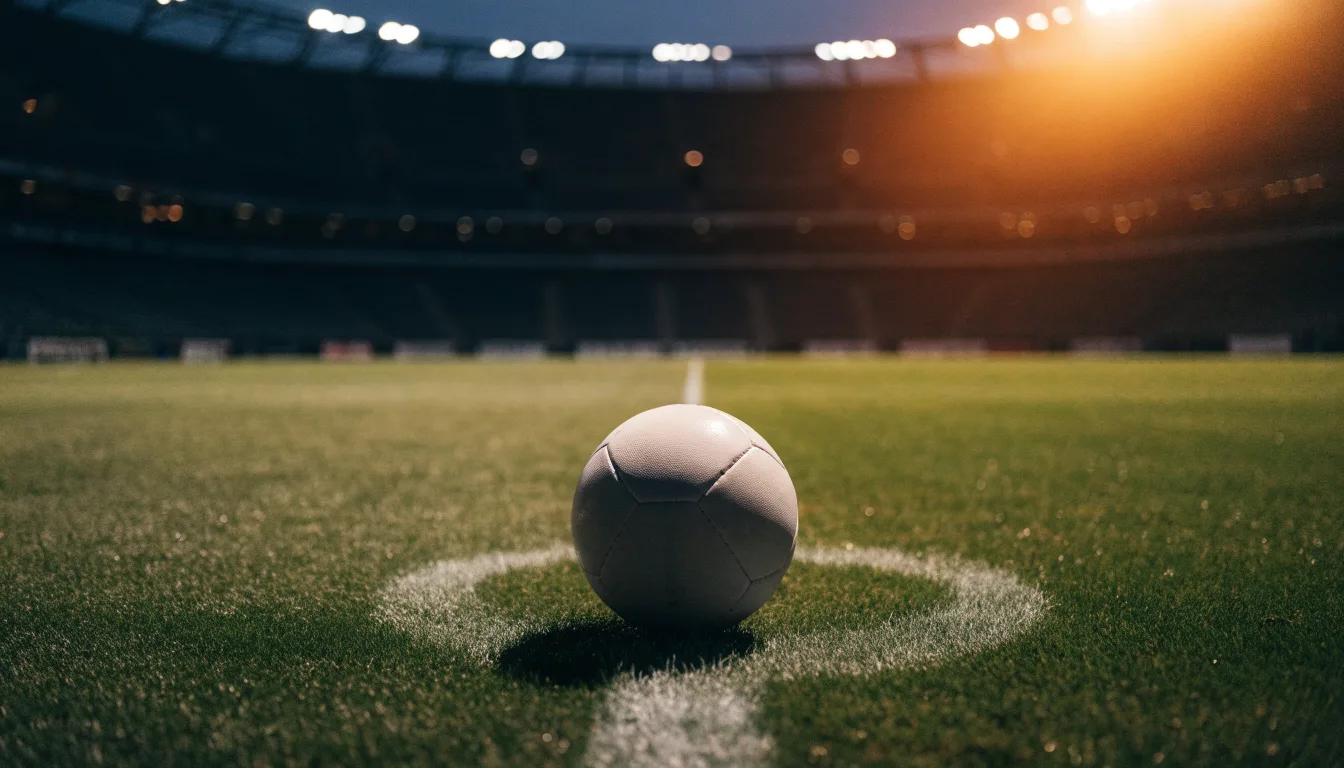 Ein Fußball liegt auf dem Anstoßpunkt eines leeren Rasenplatzes, im Hintergrund ein Stadion unter Flutlicht in der Abenddämmerung.
