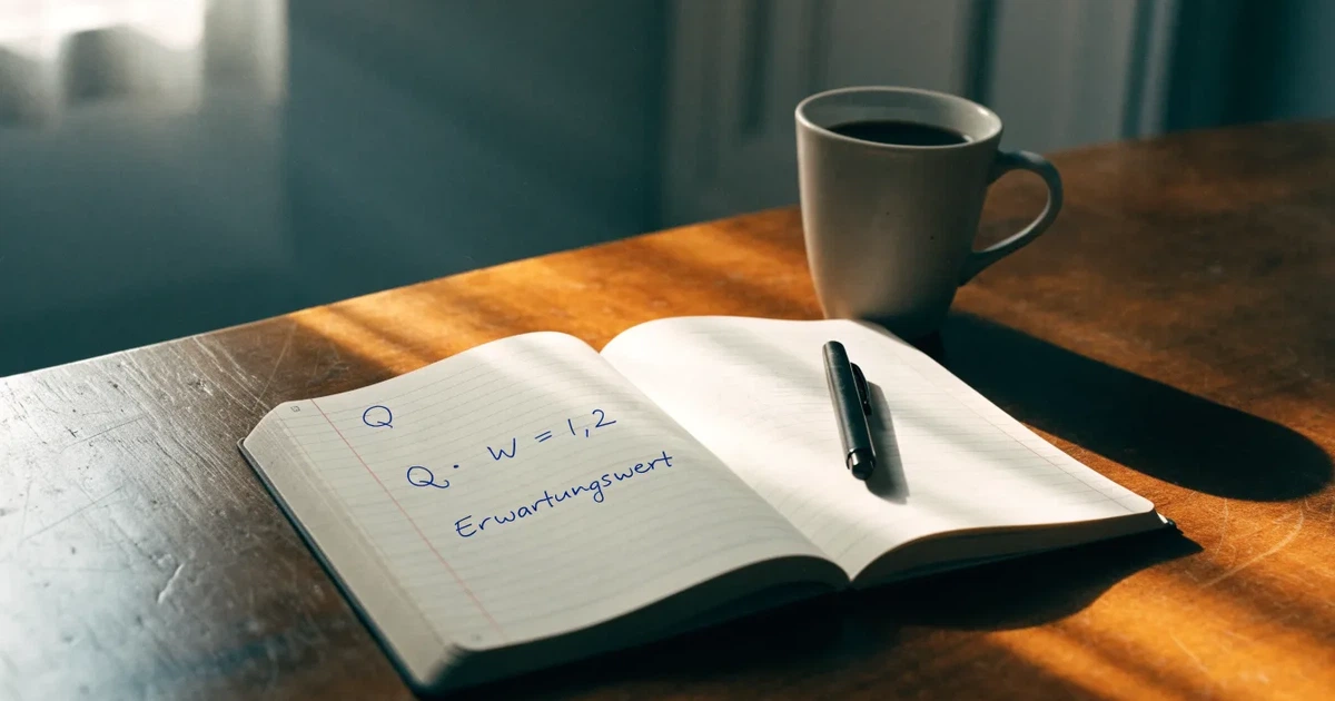 Ein Notizbuch mit handschriftlichen Rechnungen und ein Taschenrechner liegen auf einem Schreibtisch neben einer Tasse Kaffee im Licht des frühen Morgens.