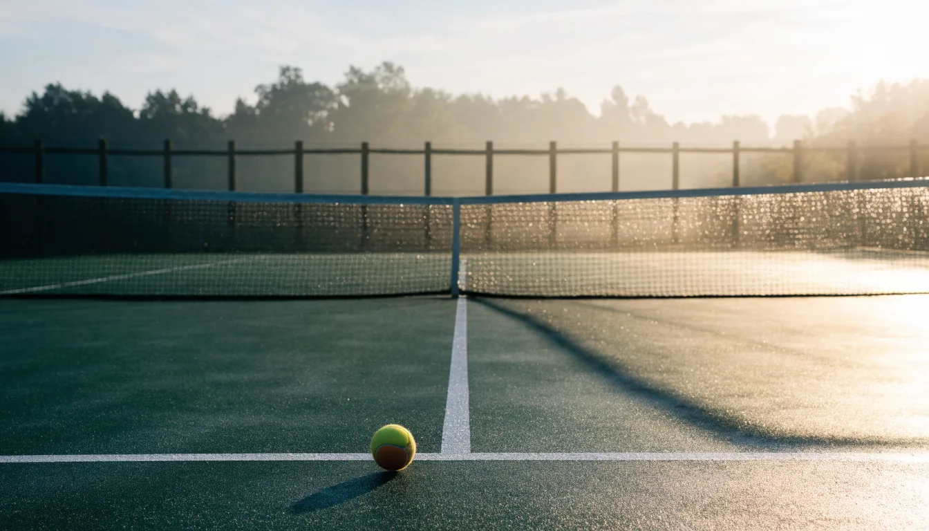 Ein Tennisplatz im Morgengrauen, das Netz und die Linien liegen im Tau, im Hintergrund leichter Nebel und kein Mensch zu sehen.