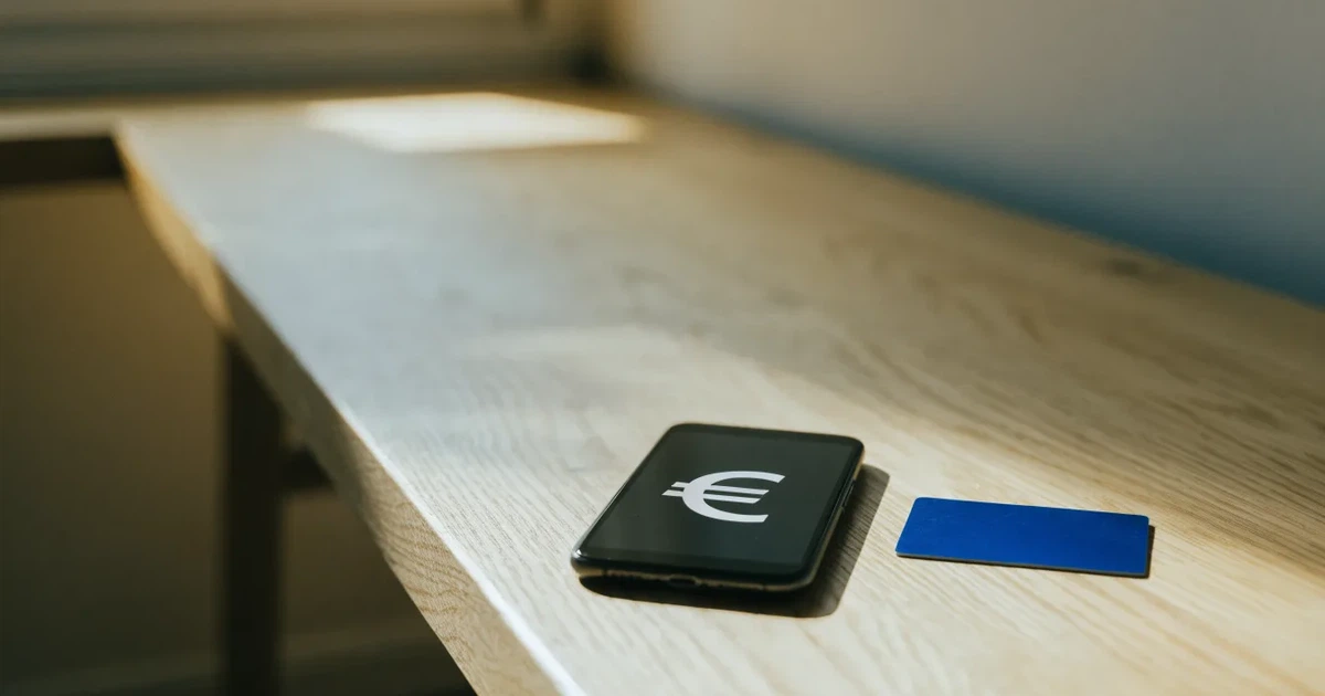 Ein Smartphone mit dunklem Display liegt neben einer schlichten Plastikkarte ohne Aufdruck auf einem hellen Schreibtisch.
