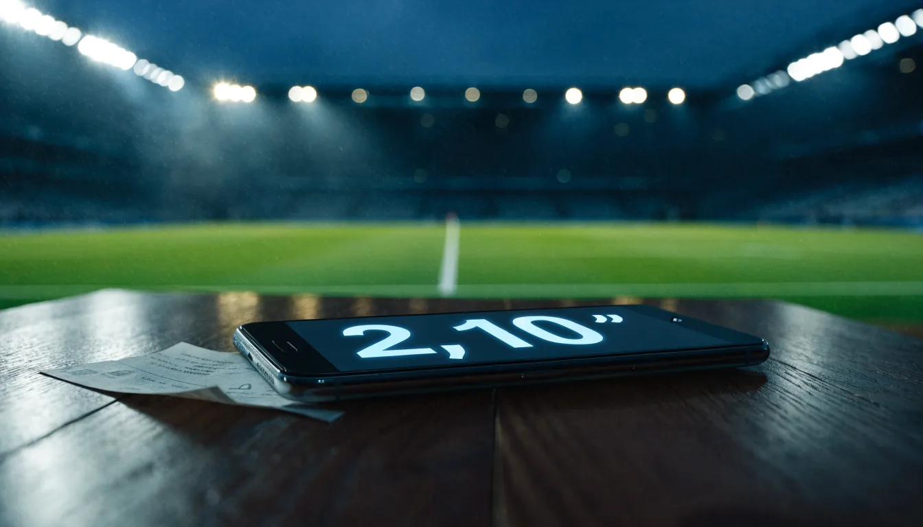 Ein Stadion unter Flutlicht, aus großer Entfernung über eine dunkle Wiese fotografiert, am Himmel zieht Nebel auf.