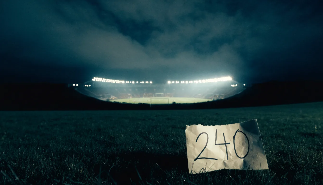 Ein Stadion unter Flutlicht, aus großer Entfernung über eine dunkle Wiese fotografiert, am Himmel zieht Nebel auf.