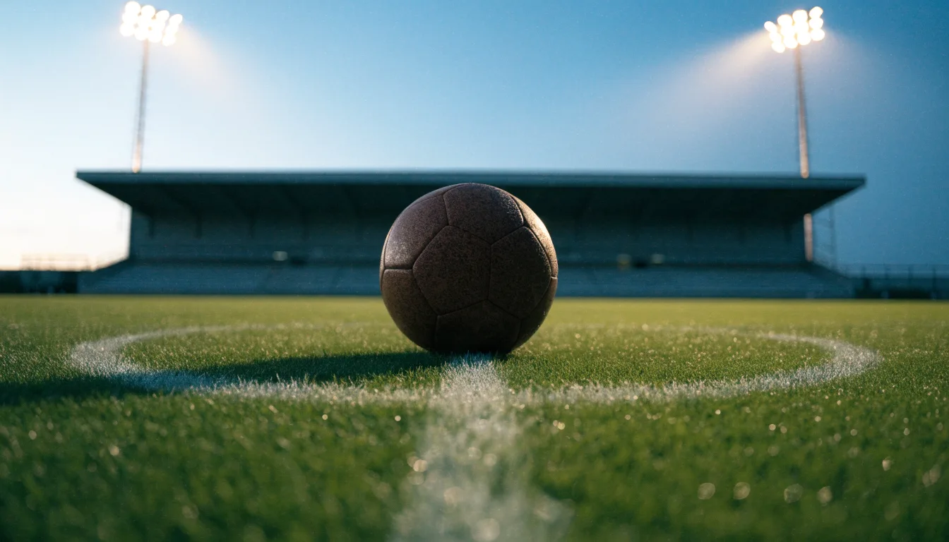Ein Fußball liegt auf dem Anstoßpunkt eines leeren Rasenplatzes, im Hintergrund steht ein Stadion unter Flutlicht in der Dämmerung.