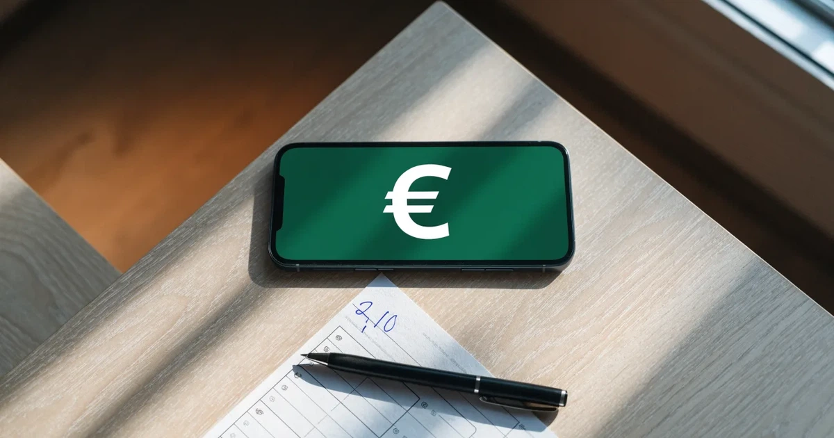 Ein Smartphone liegt neben einem Notizbuch und einem Kugelschreiber auf einem hellen Schreibtisch, das Display ist ausgeschaltet.