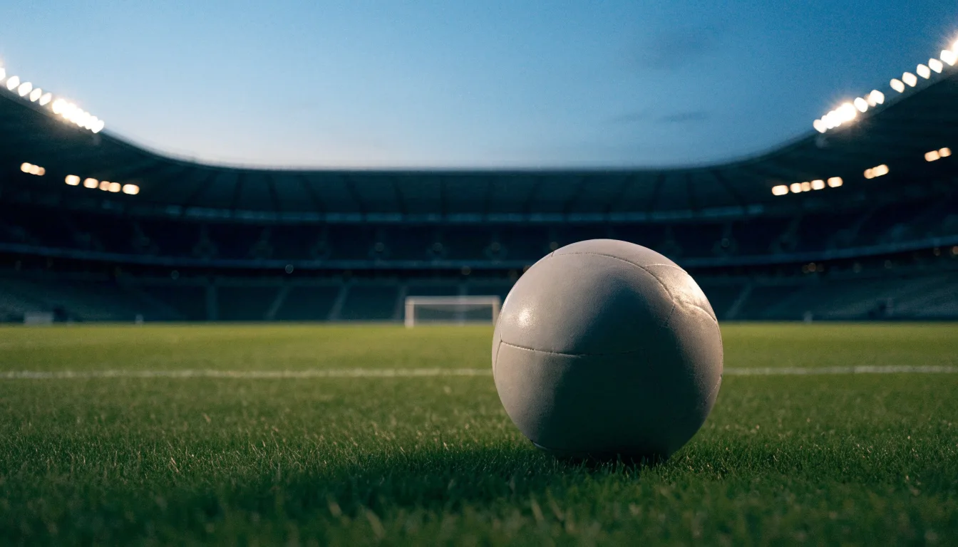 Ein Fußball liegt auf dem Rasen eines leeren Platzes, im Hintergrund ein Stadion unter Flutlicht in der Abenddämmerung.