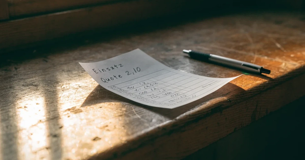 Ein leerer Wettschein aus Papier liegt neben einem Stift auf einer hölzernen Theke, weiches Licht fällt von der Seite ein.