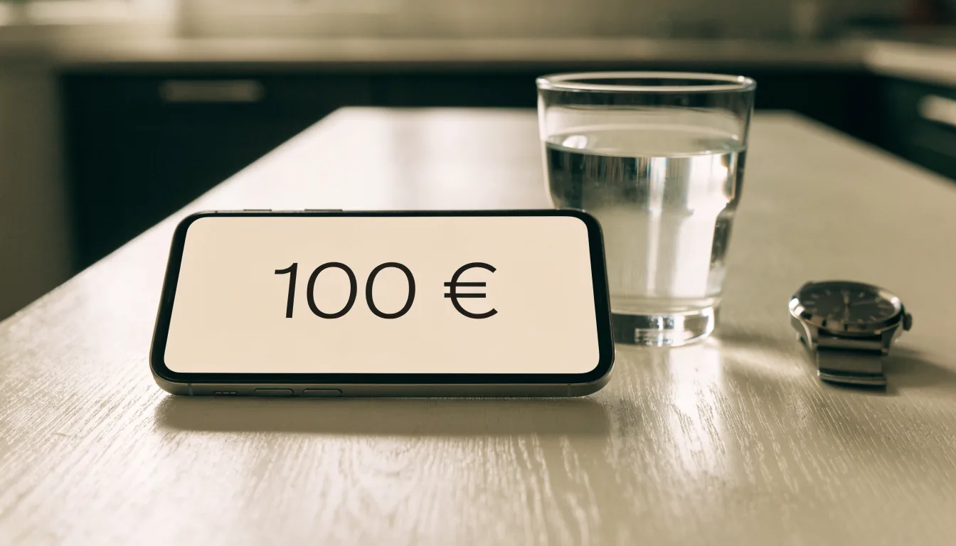 Ein Smartphone liegt mit dem Display nach unten auf einem Küchentisch, daneben stehen ein Glas Wasser und eine Armbanduhr.