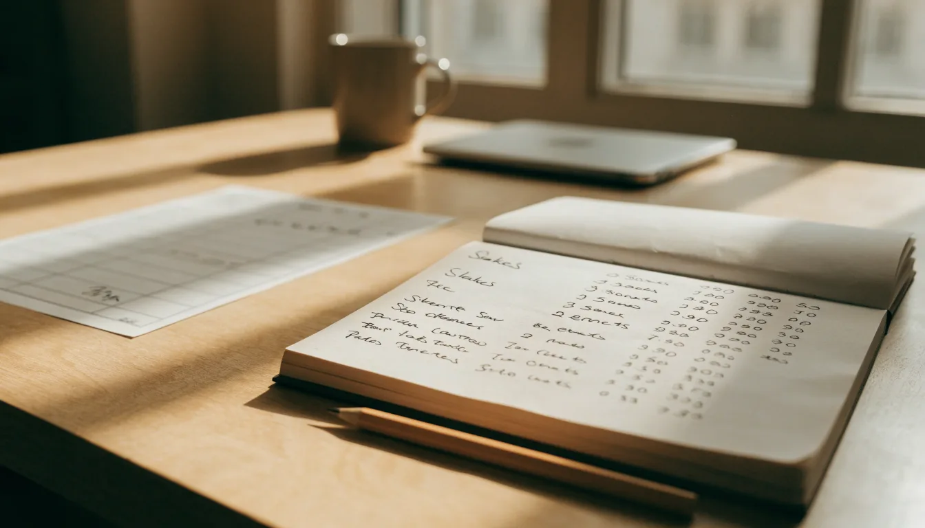 Ein Notizbuch mit handschriftlichen Notizen und ein Bleistift liegen auf einem Schreibtisch am Fenster, draußen fällt Morgenlicht herein.
