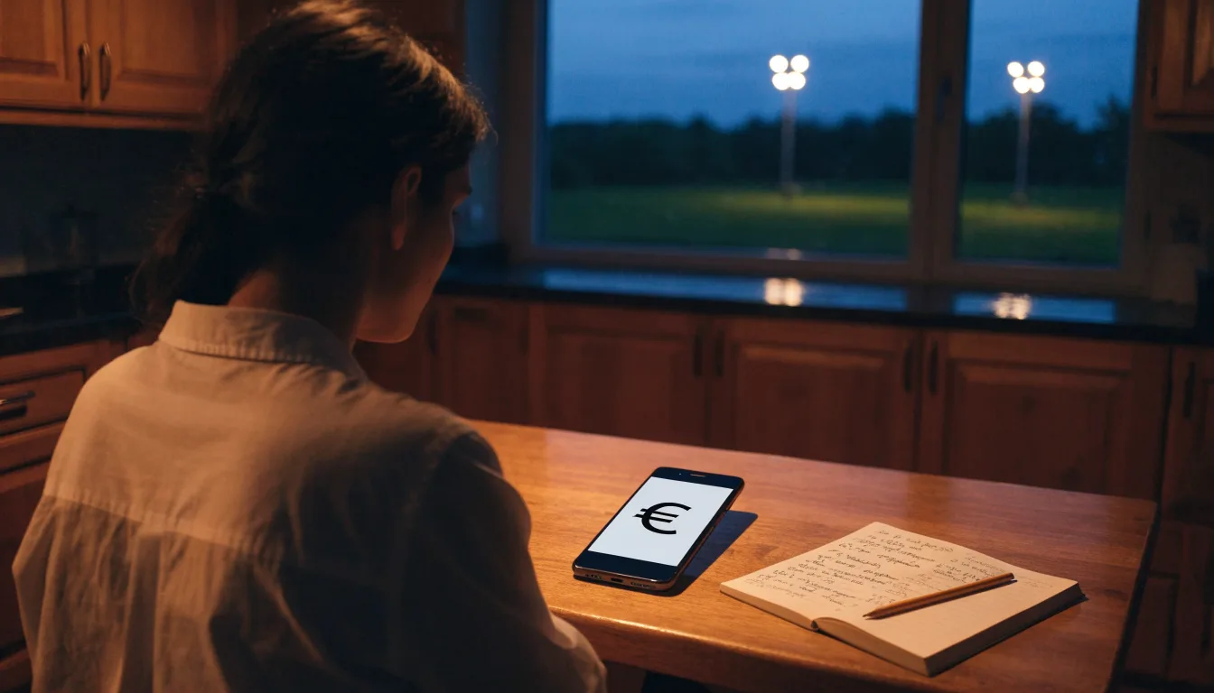 Eine leere Parkbank am Rand eines Fußballfelds in der Abenddämmerung, im Hintergrund ragen dunkle Flutlichtmasten in den Himmel.