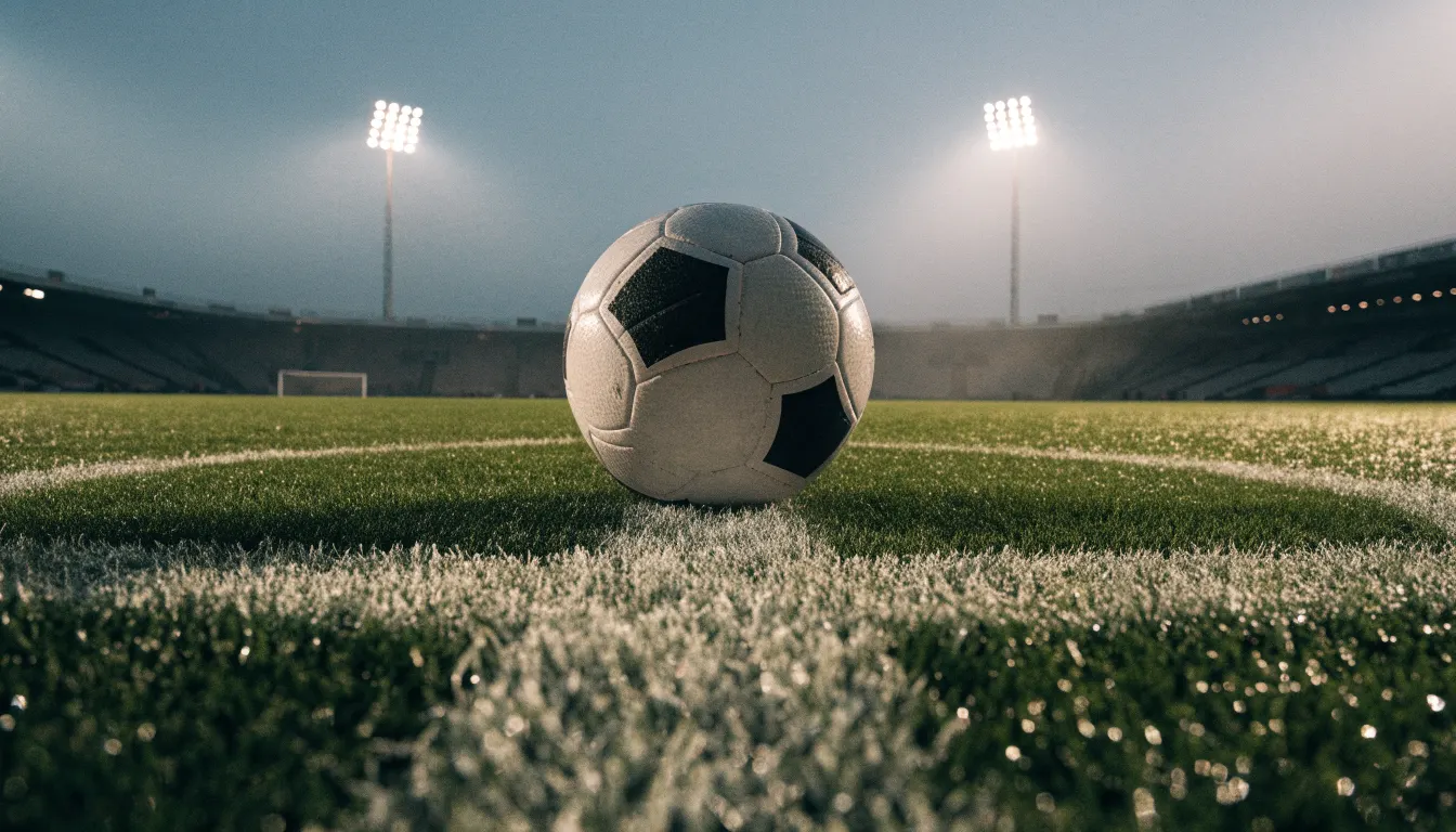 Ein Fußball liegt auf dem Anstoßpunkt eines leeren Rasenplatzes, im Hintergrund steht ein Stadion unter Flutlicht in der Dämmerung.