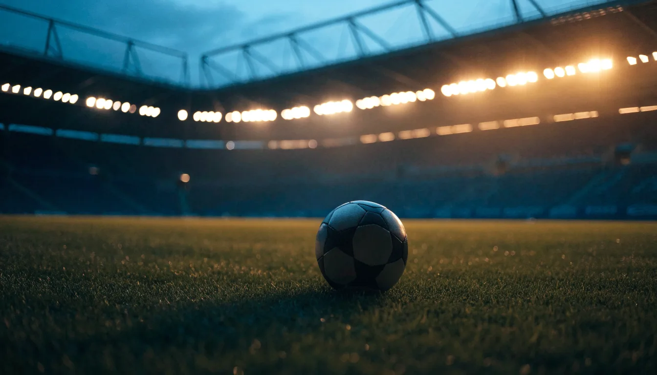 Ein Fußball liegt auf dem Rasen eines leeren Platzes, im Hintergrund ein Stadion unter Flutlicht in der Abenddämmerung.
