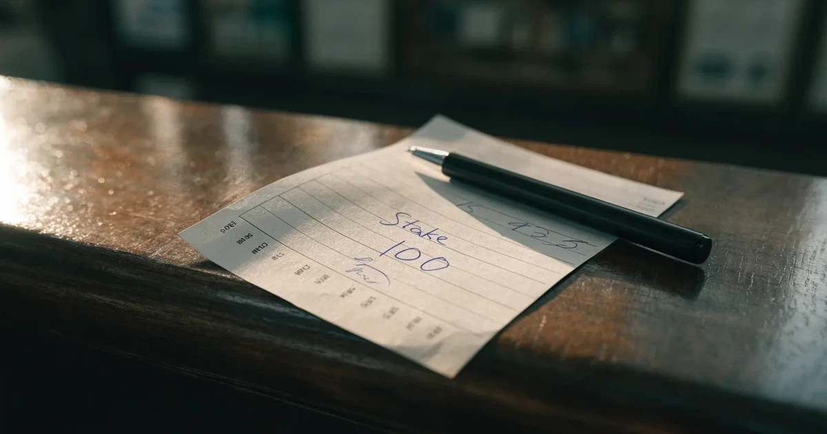 Ein leerer Wettschein aus Papier liegt neben einem Stift auf einer hölzernen Theke, weiches Licht fällt von der Seite ein.
