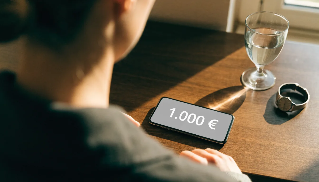 Ein Smartphone liegt mit dem Display nach unten auf einem Küchentisch, daneben stehen ein Glas Wasser und eine Armbanduhr.