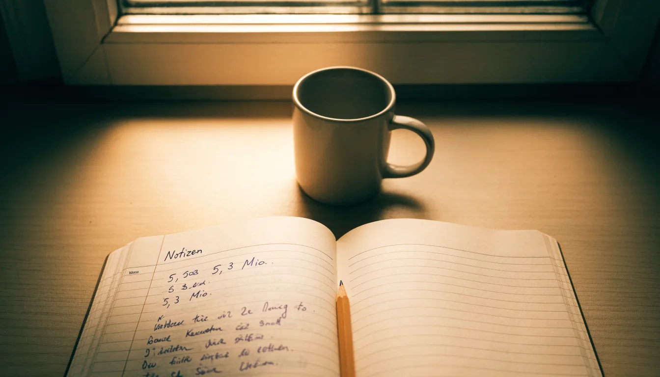 Ein Notizbuch mit handschriftlichen Notizen und ein Bleistift liegen auf einem Schreibtisch am Fenster, draußen fällt Morgenlicht herein.