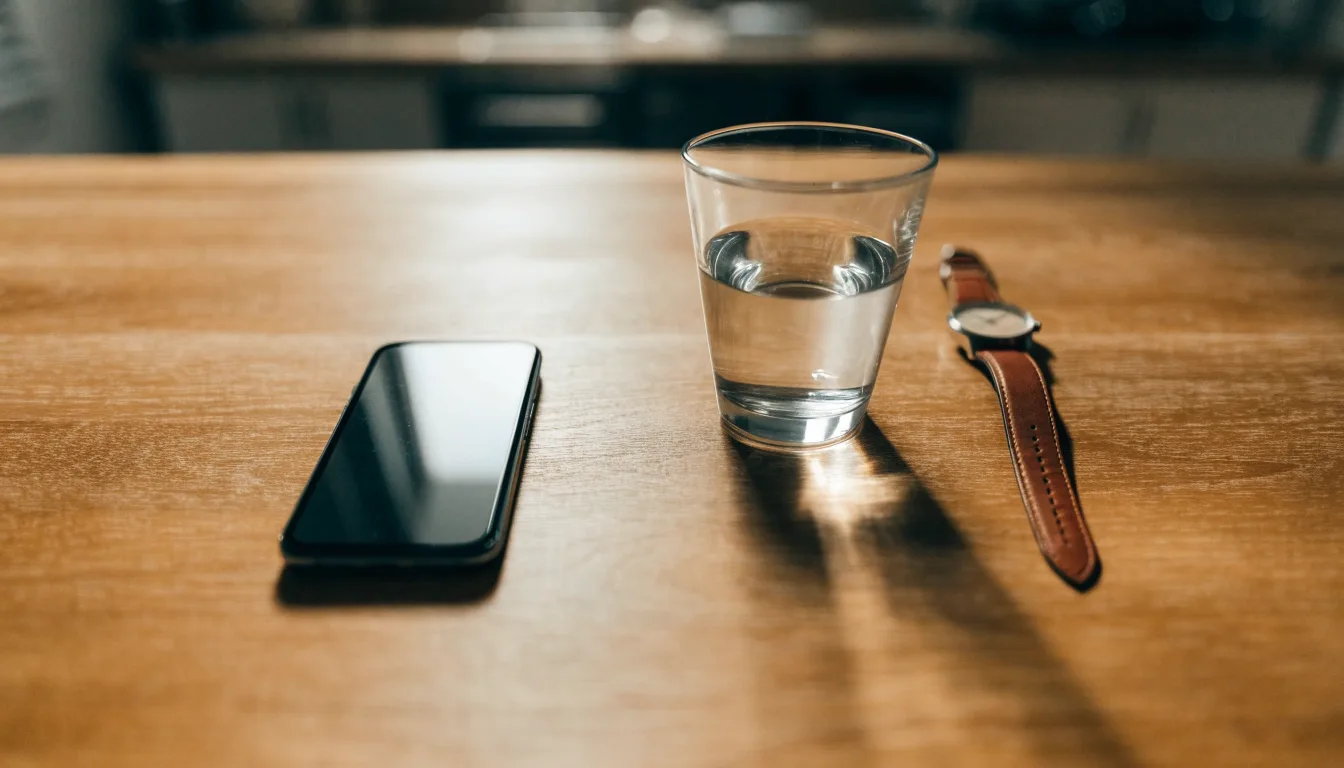 Ein Smartphone liegt mit dem Display nach unten auf einem Küchentisch, daneben stehen ein Glas Wasser und eine Armbanduhr.