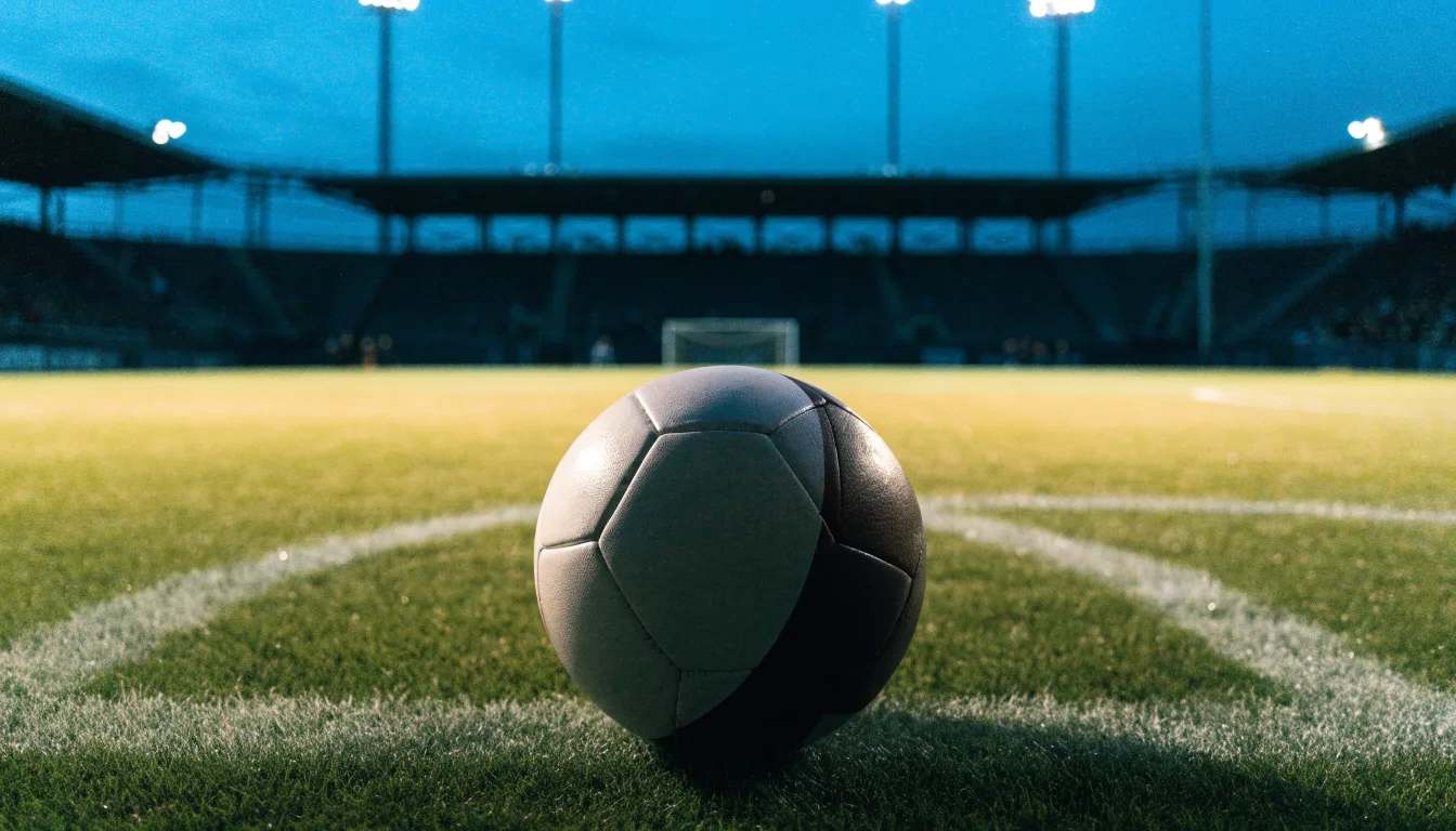 Ein Fußball liegt auf dem Anstoßpunkt eines leeren Rasenplatzes, im Hintergrund steht ein Stadion unter Flutlicht in der Dämmerung.