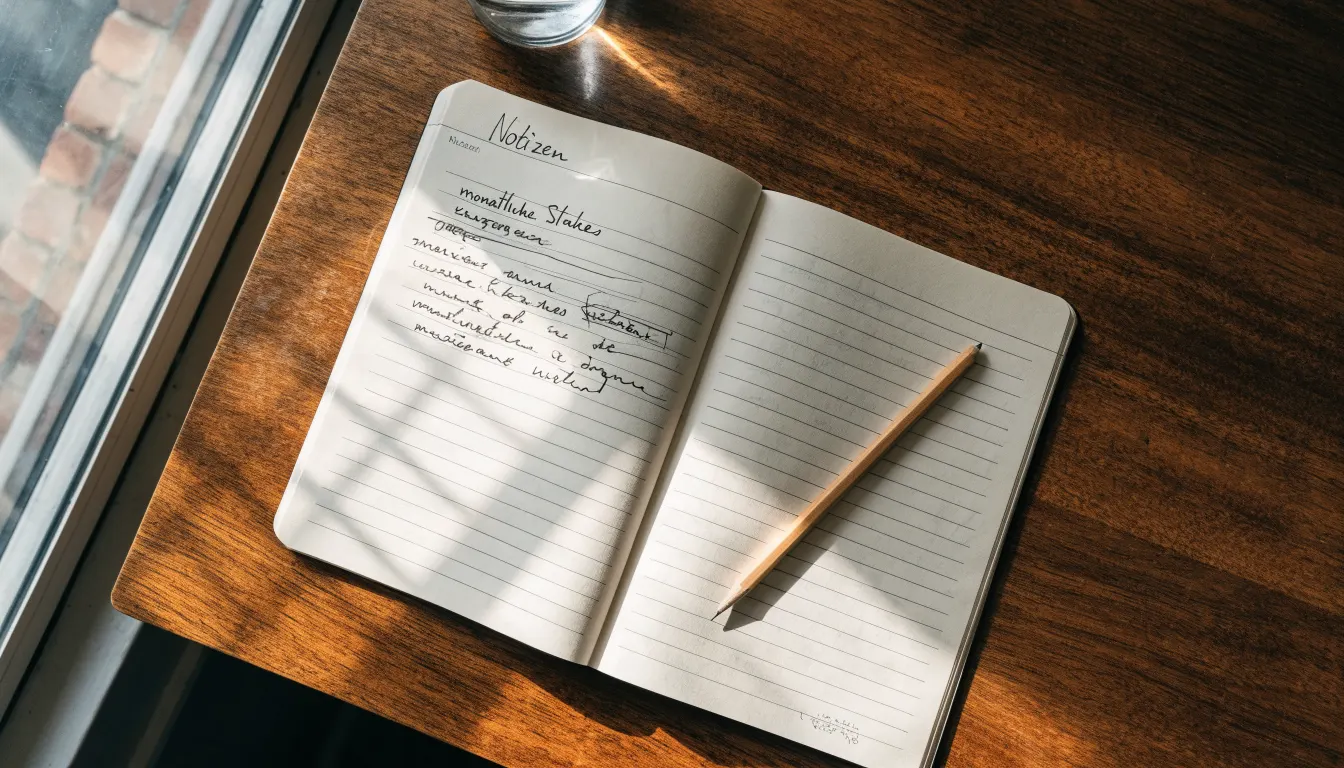 Ein Notizbuch mit handschriftlichen Notizen und ein Bleistift liegen auf einem Schreibtisch am Fenster, draußen fällt Morgenlicht herein.