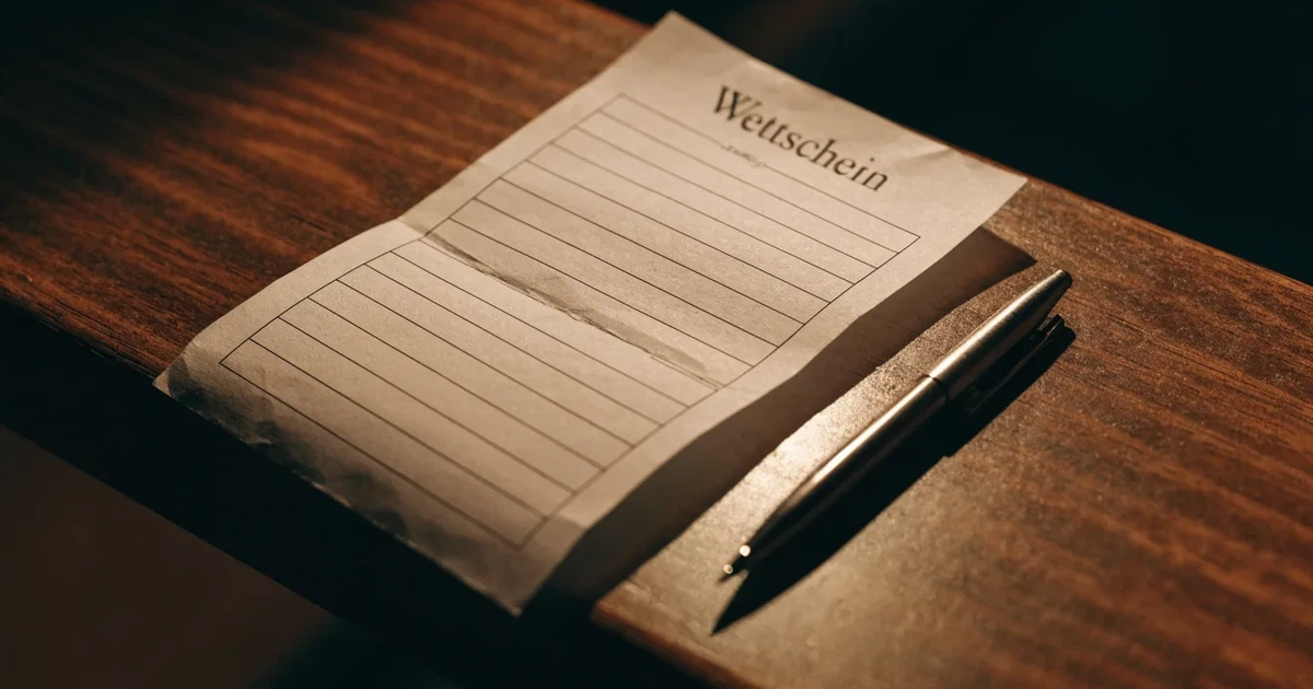 Ein leerer Wettschein aus Papier liegt neben einem Stift auf einer hölzernen Theke, weiches Licht fällt von der Seite ein.