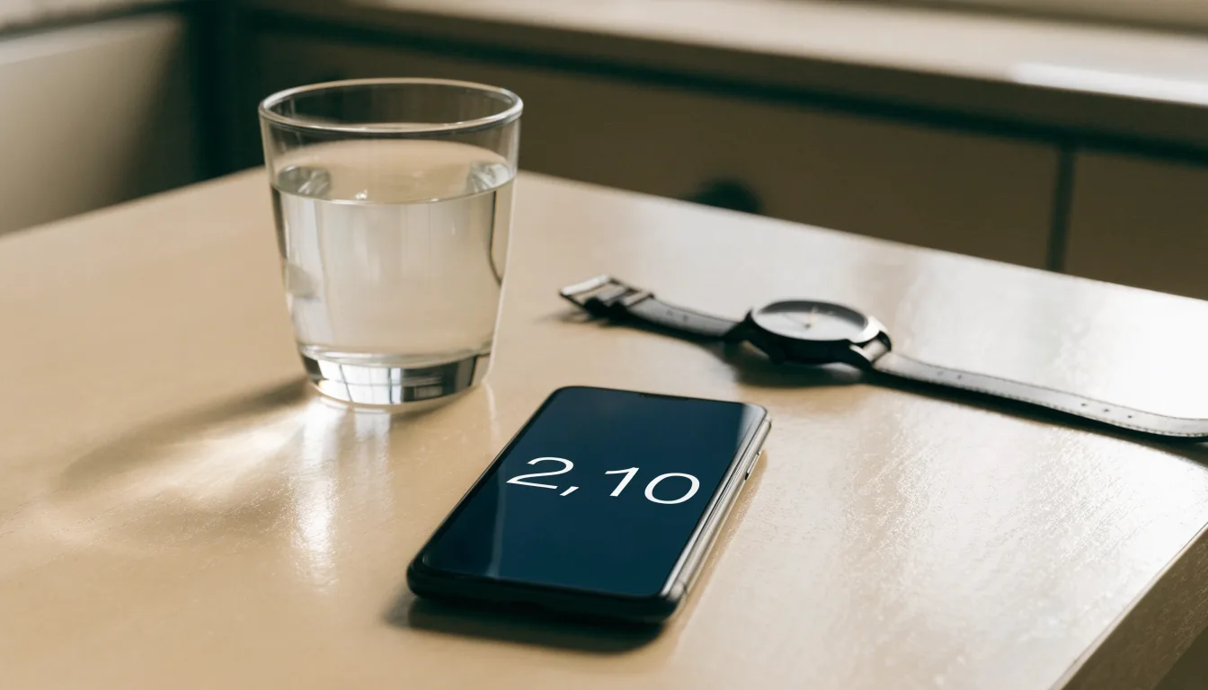 Ein Smartphone liegt mit dem Display nach unten auf einem Küchentisch, daneben stehen ein Glas Wasser und eine Armbanduhr.