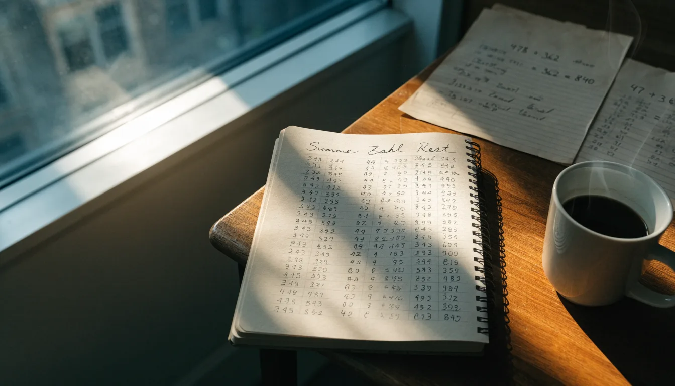 Ein Notizbuch mit handschriftlichen Rechnungen und ein Taschenrechner liegen auf einem Schreibtisch neben einer Tasse Kaffee im Licht des frühen Morgens.
