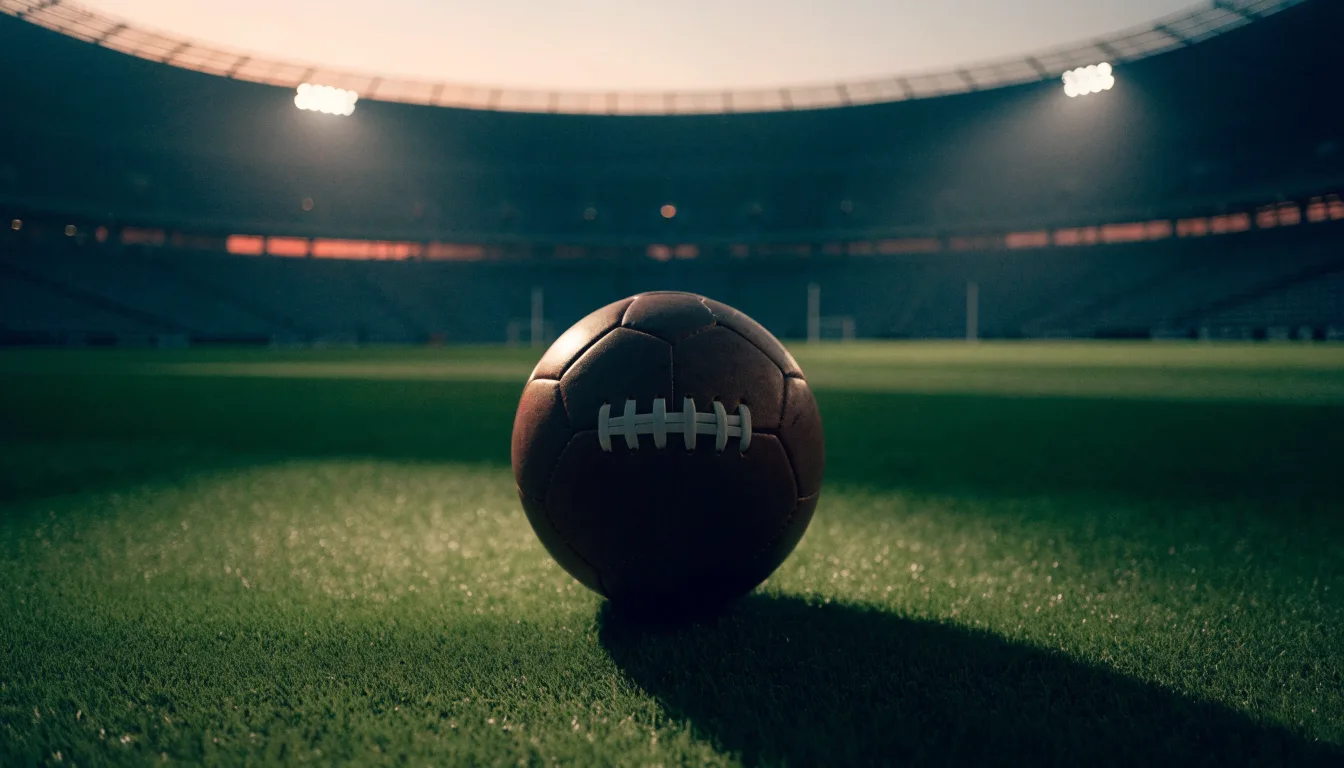 Ein Fußball liegt auf dem Rasen eines leeren Platzes, im Hintergrund ein Stadion unter Flutlicht in der Abenddämmerung.