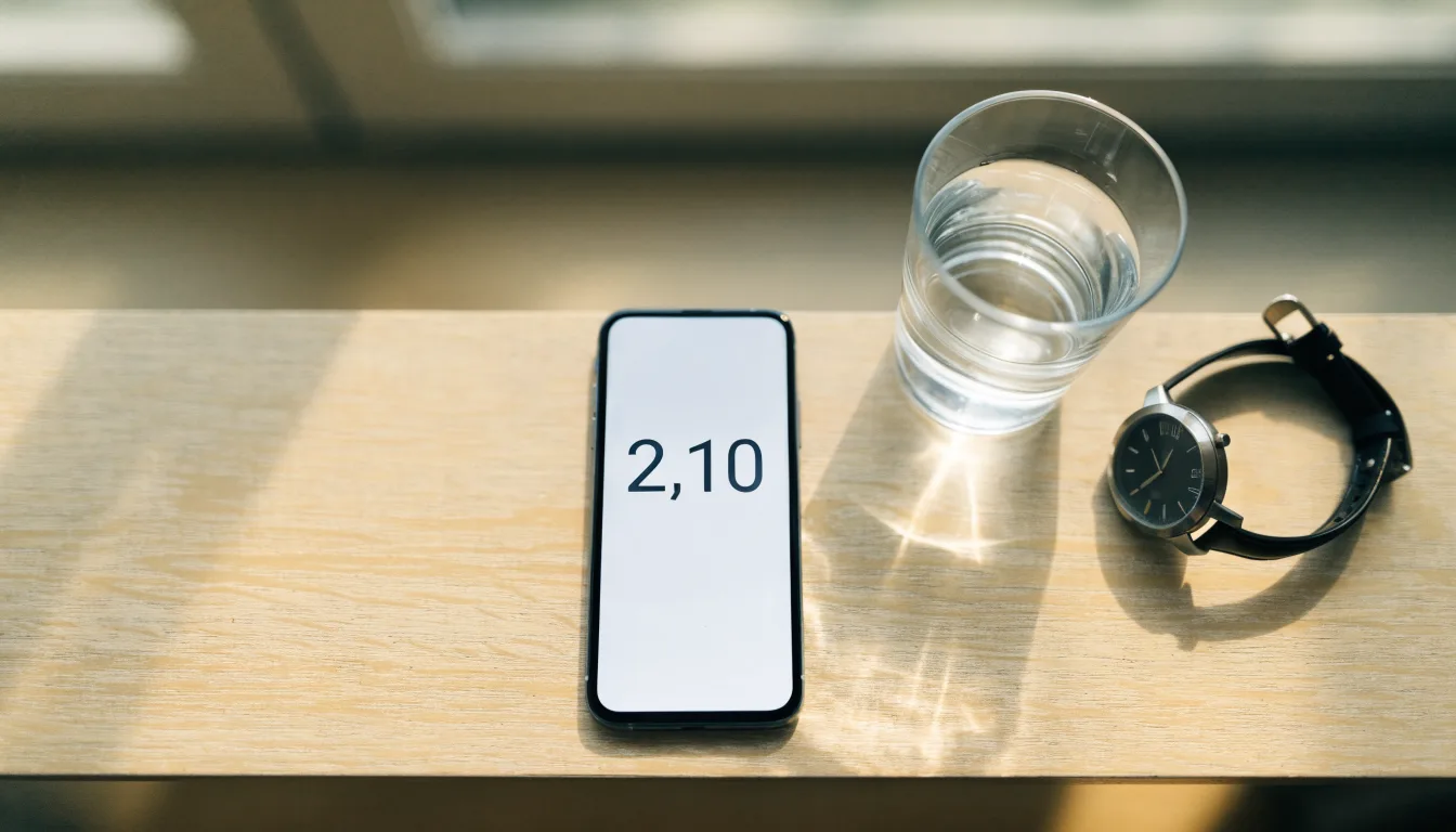 Ein Smartphone liegt mit dem Display nach unten auf einem Küchentisch, daneben stehen ein Glas Wasser und eine Armbanduhr.