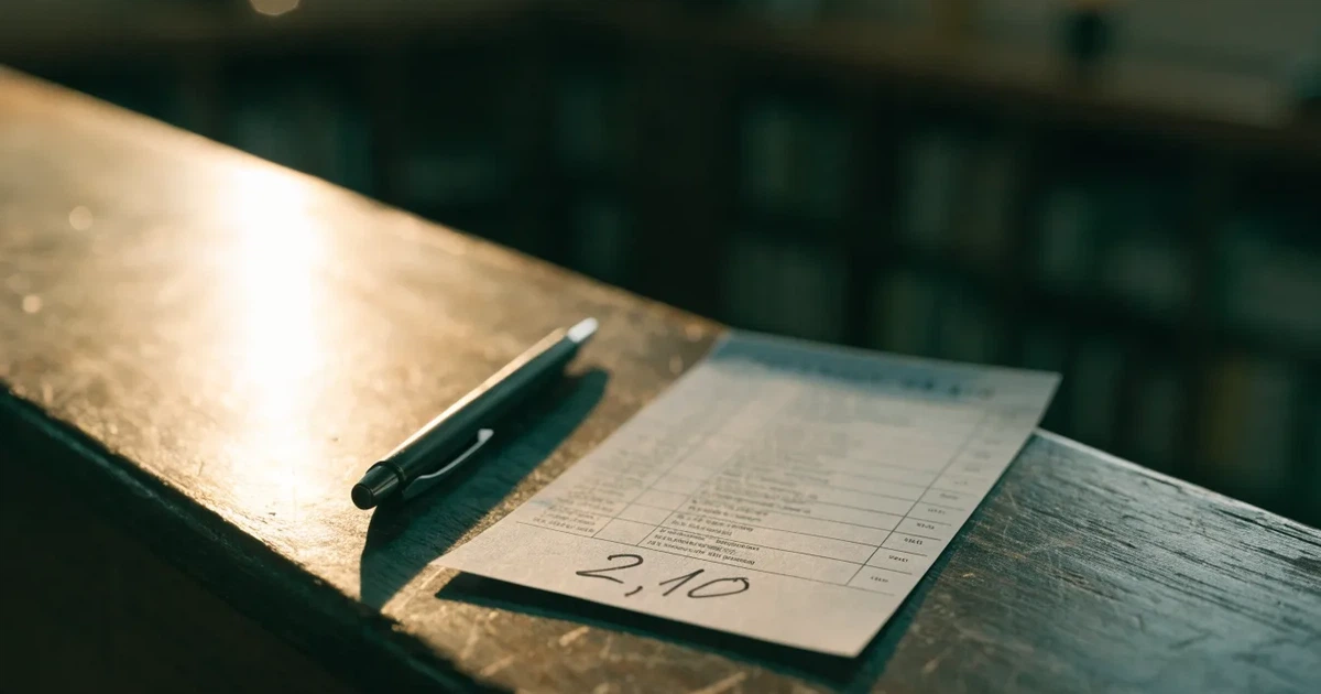 Ein leerer Wettschein aus Papier liegt neben einem Stift auf einer hölzernen Theke, weiches Licht fällt von der Seite ein.