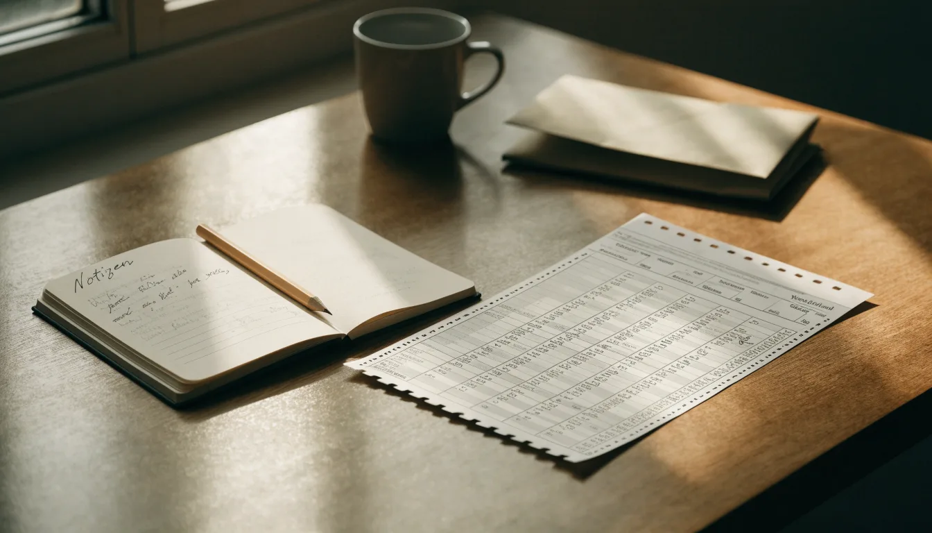 Ein Notizbuch mit handschriftlichen Notizen und ein Bleistift liegen auf einem Schreibtisch am Fenster, draußen fällt Morgenlicht herein.