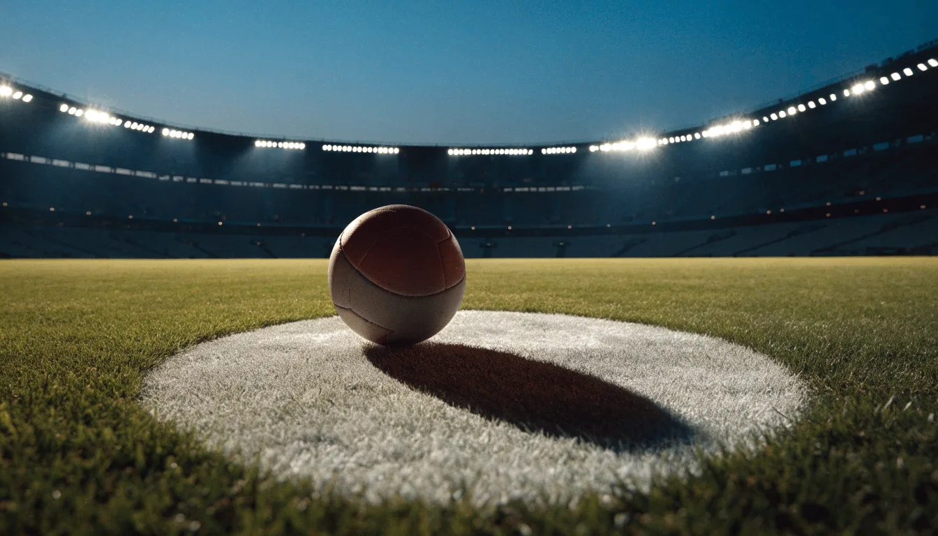 Ein Fußball liegt auf dem Anstoßpunkt eines leeren Rasenplatzes, im Hintergrund steht ein Stadion unter Flutlicht in der Dämmerung.
