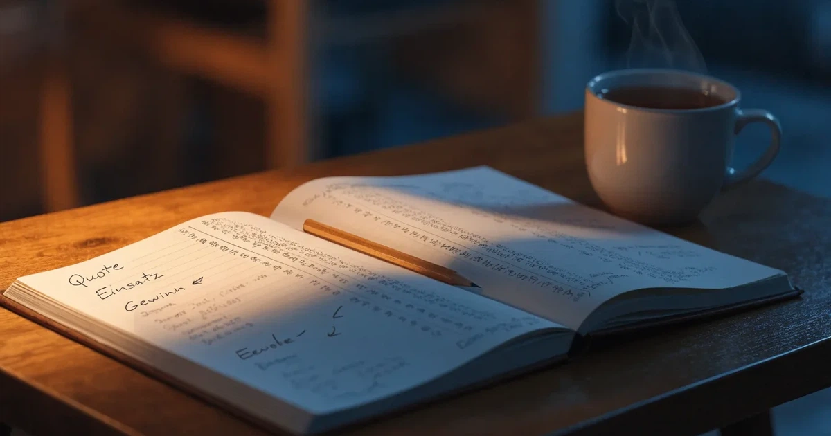 Ein Notizbuch mit handschriftlichen Notizen und Pfeilen liegt aufgeschlagen auf einem Schreibtisch, daneben ein Bleistift und eine Tasse Tee.