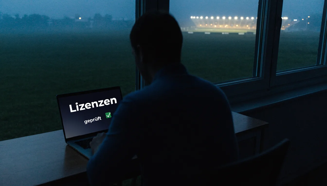 Ein Stadion unter Flutlicht, aus großer Entfernung über eine dunkle Wiese fotografiert, am Himmel zieht Nebel auf.