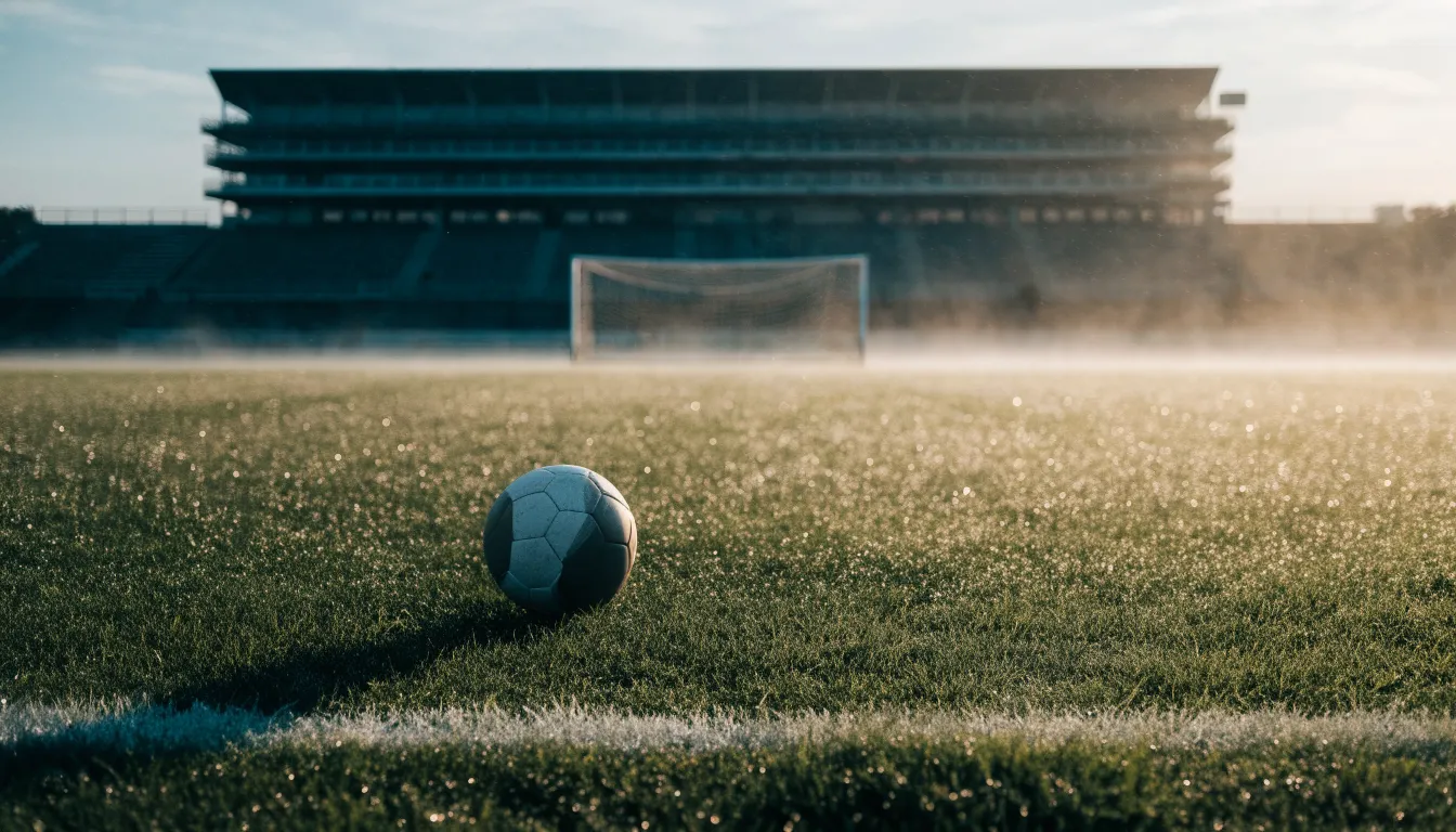 Ein Fußball liegt auf dem Anstoßpunkt eines leeren Rasenplatzes in der Morgendämmerung, im Hintergrund eine leere Tribüne.