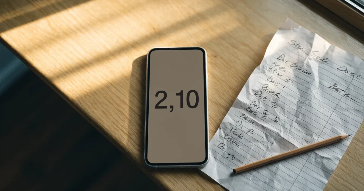Mehrere Smartphones liegen mit dem Display nach unten neben einem Notizblock und einem Bleistift auf einem hellen Holztisch, seitliches Morgenlicht.