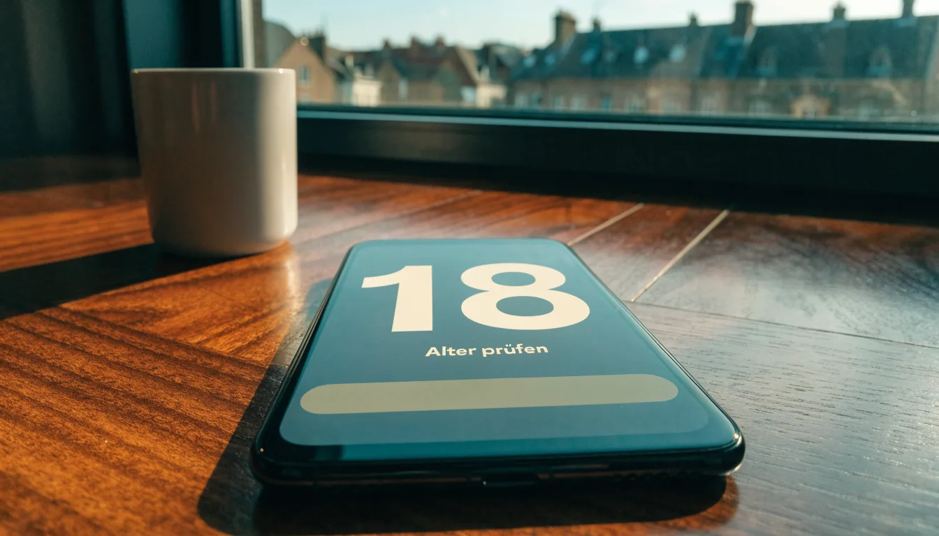 Eine Messingwaage steht auf einem dunklen Holzschreibtisch neben einer Kaffeetasse, im Hintergrund ein Fenster mit Blick auf Dächer.