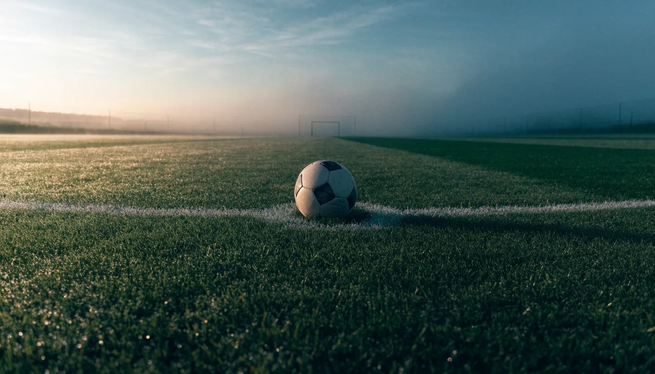 Ein Fußball ruht auf dem Mittelkreis eines leeren Rasenplatzes in der Morgendämmerung, Tau liegt auf dem Gras.