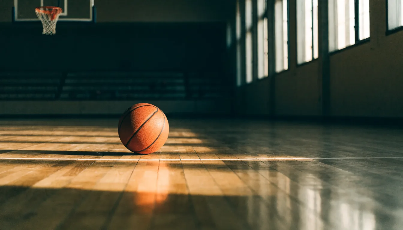 Ein Basketball liegt auf dem Hallenboden unter einem Korb, das Netz hängt ruhig, Morgenlicht fällt durch hohe Fenster.