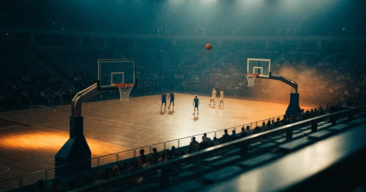 Eine leere Basketballhalle von einer oberen Tribünenreihe aus gesehen, Parkett und Körbe im Licht der Hallenstrahler.