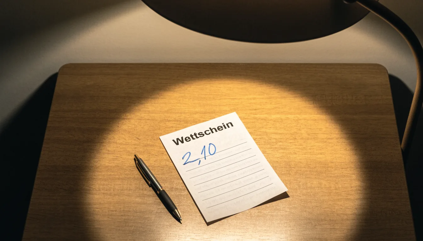 Ein leerer Wettschein aus Papier und ein Kugelschreiber liegen auf einer Tischplatte neben einer kleinen Tischlampe.