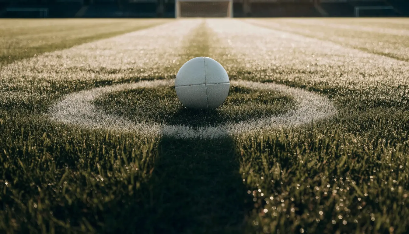 Ein Fußball liegt auf dem Anstoßkreis eines leeren Rasenplatzes im Licht der Morgensonne.