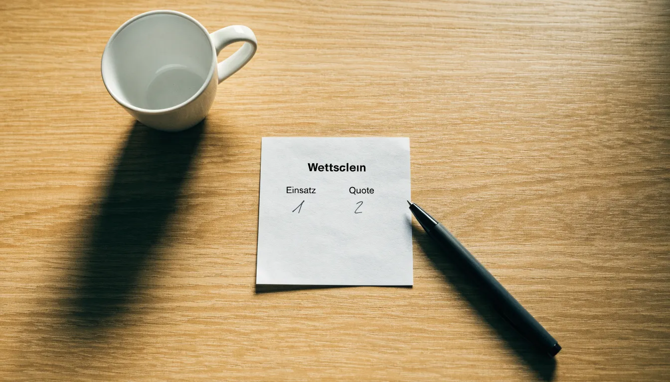 Ein leerer Wettschein aus Papier liegt neben einem Kugelschreiber und einer Tasse auf einem hellen Holztisch.