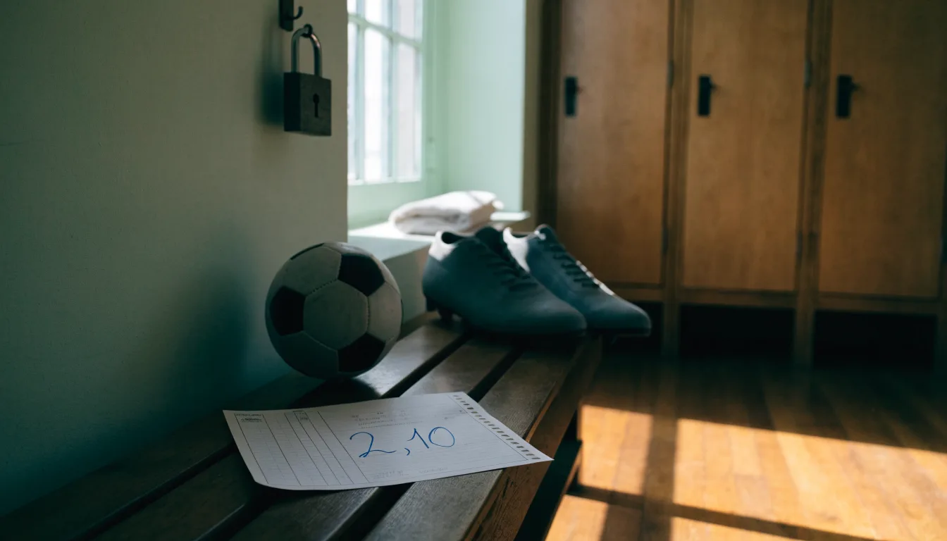Ein Fußball liegt neben einem Paar Fußballschuhen ohne Markenzeichen auf einer Holzbank in einer leeren Umkleide.