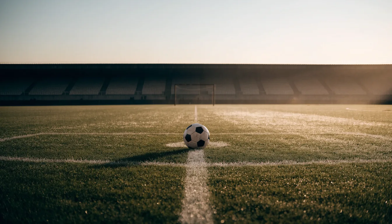 Ein Fußball liegt auf dem Anstoßpunkt eines leeren Rasenplatzes in der Morgendämmerung, im Hintergrund eine leere Tribüne.