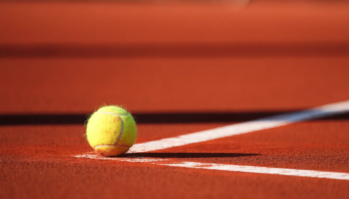 Ein einzelner Tennisball liegt auf rotem Sand neben einer weißen Linie, geringe Schärfentiefe.