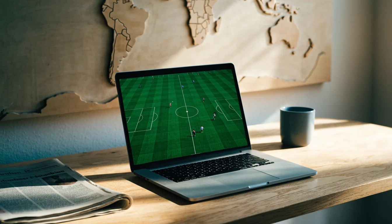 Eine Weltkarte aus Holz hängt an einer Wand, davor liegt ein Fußball auf einem Regal, ohne erkennbare Beschriftung.