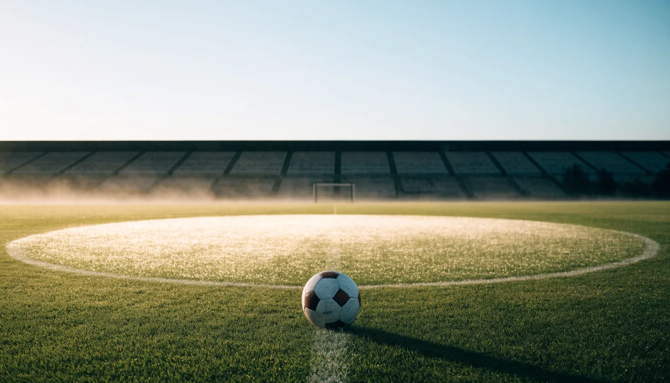 Ein Fußball liegt auf dem Anstoßpunkt eines leeren Rasenplatzes im frühen Morgenlicht, dahinter eine leere Tribüne.
