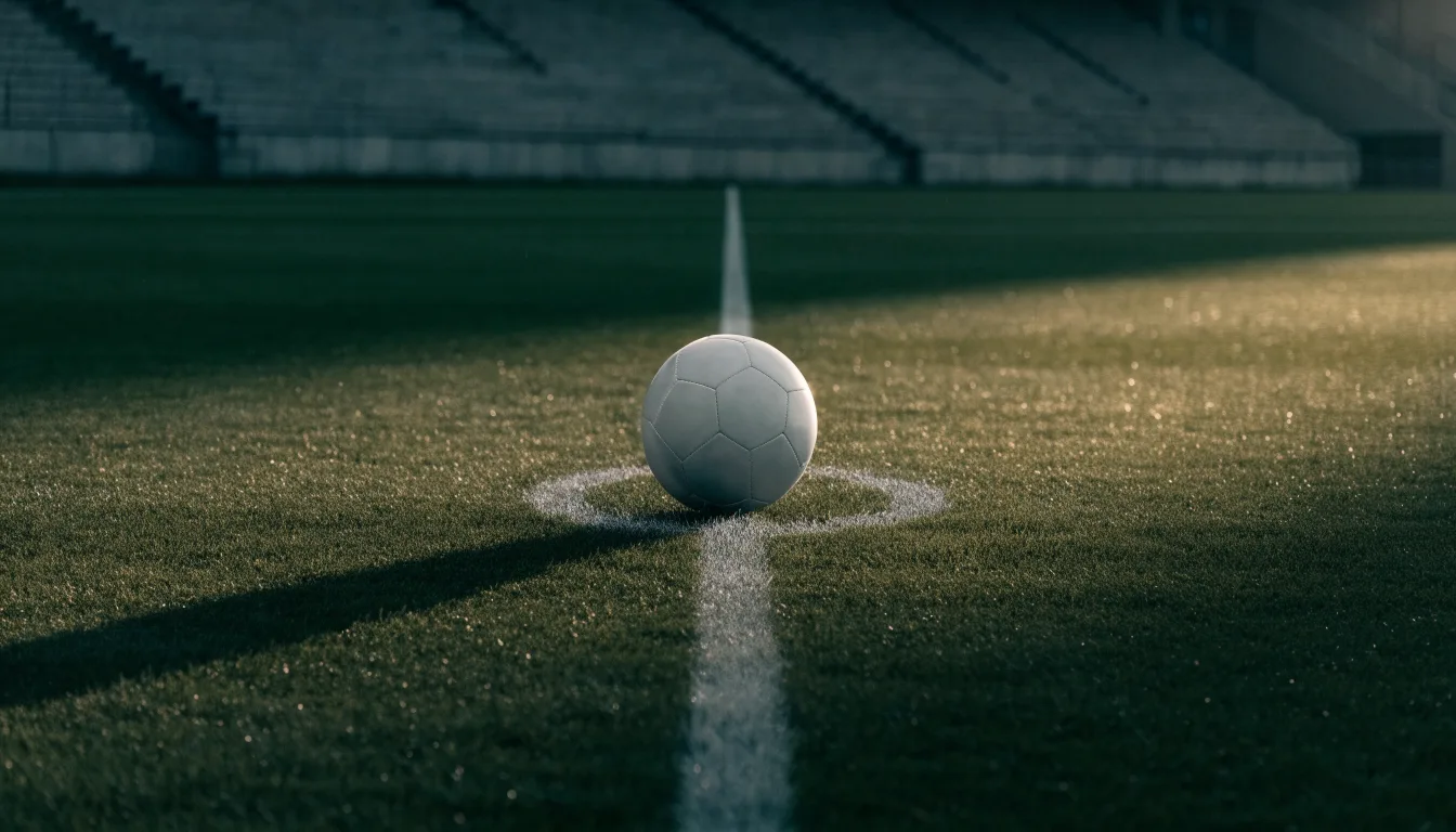 Ein Fußball liegt auf dem Anstoßpunkt eines leeren Rasenplatzes im frühen Morgenlicht, dahinter eine leere Tribüne.